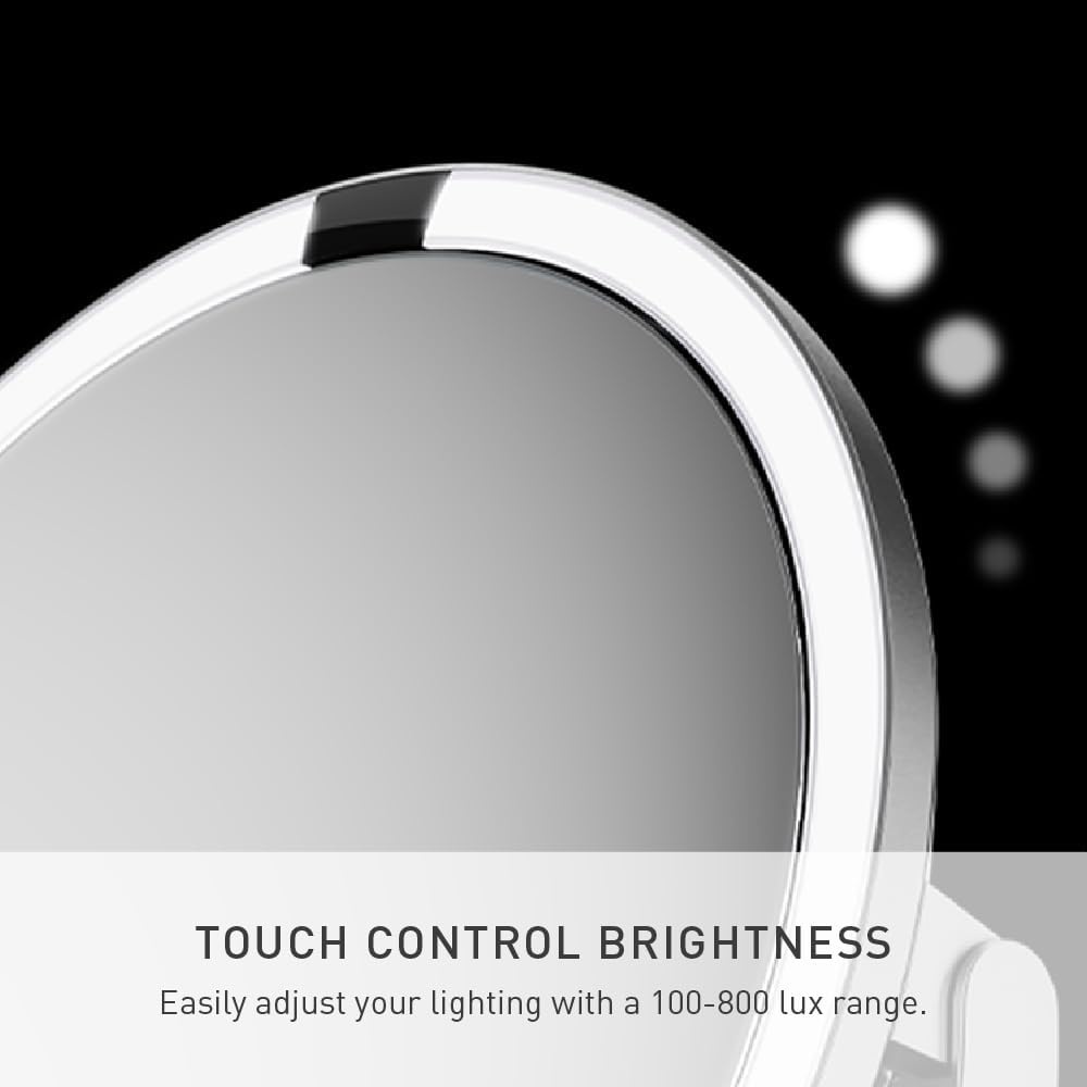 image:imagesimplehuman Sensor Mirror Trio 1X 5X 10X Magnification Round Rechargeable Beauty Makeup Mirror TruLux FullSpectrum Light Dual Light Settings Adjustable Brightness Brushed Stainless SteelBrushed