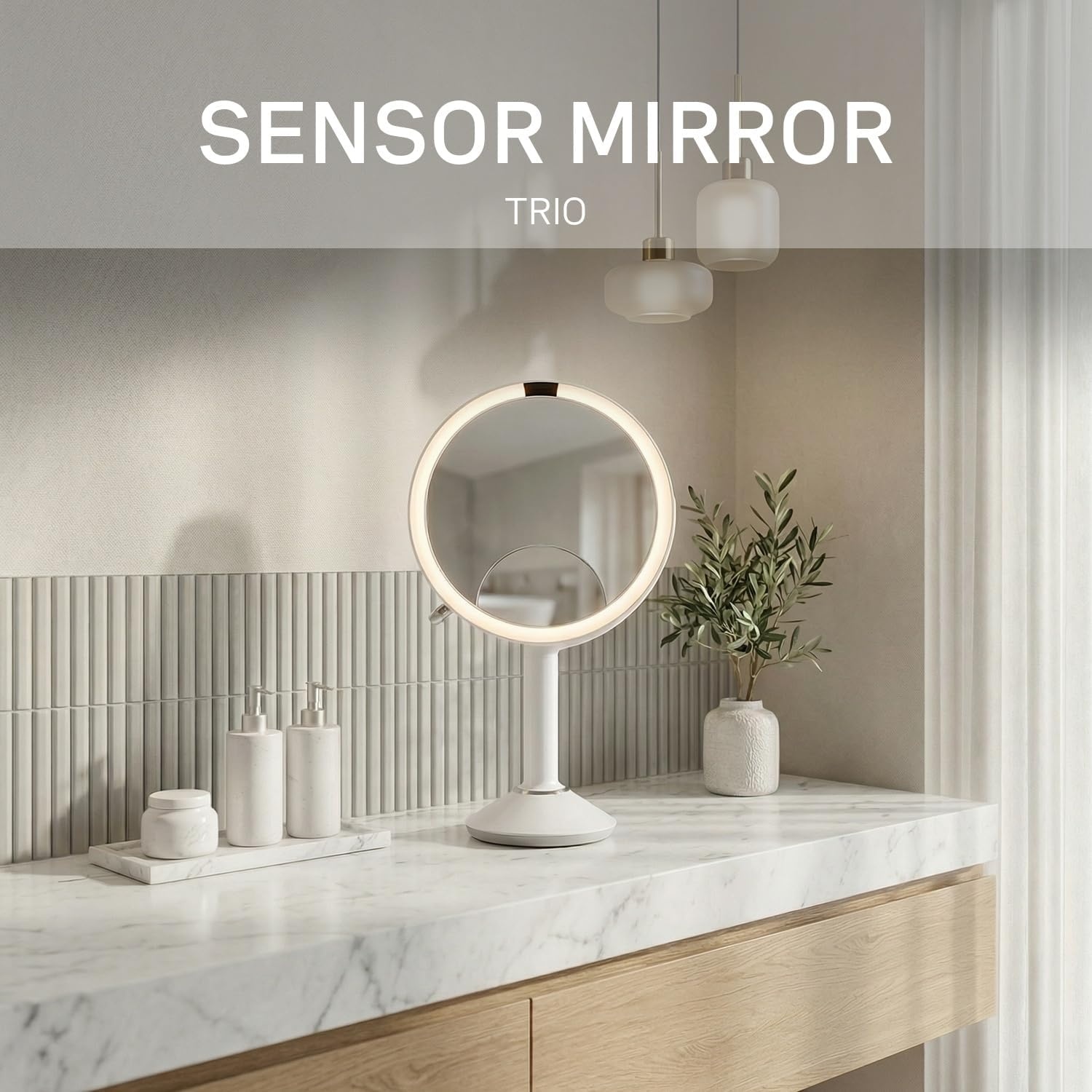 image:imagesimplehuman Sensor Mirror Trio 1X 5X 10X Magnification Round Rechargeable Beauty Makeup Mirror TruLux FullSpectrum Light Dual Light Settings Adjustable Brightness Brushed Stainless SteelWhite