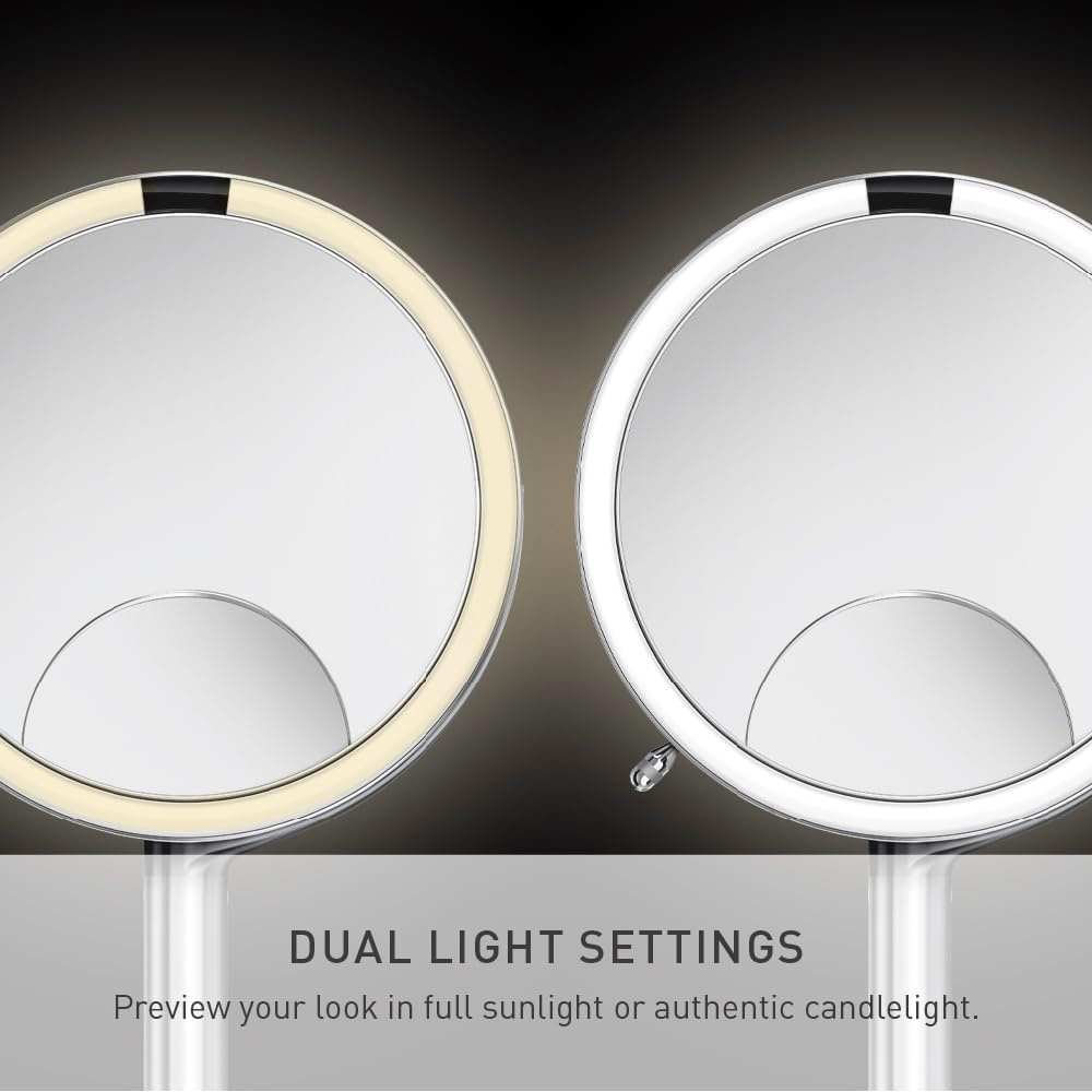 image:imagesimplehuman Sensor Mirror Trio 1X 5X 10X Magnification Round Rechargeable Beauty Makeup Mirror TruLux FullSpectrum Light Dual Light Settings Adjustable Brightness Brushed Stainless SteelBrushed