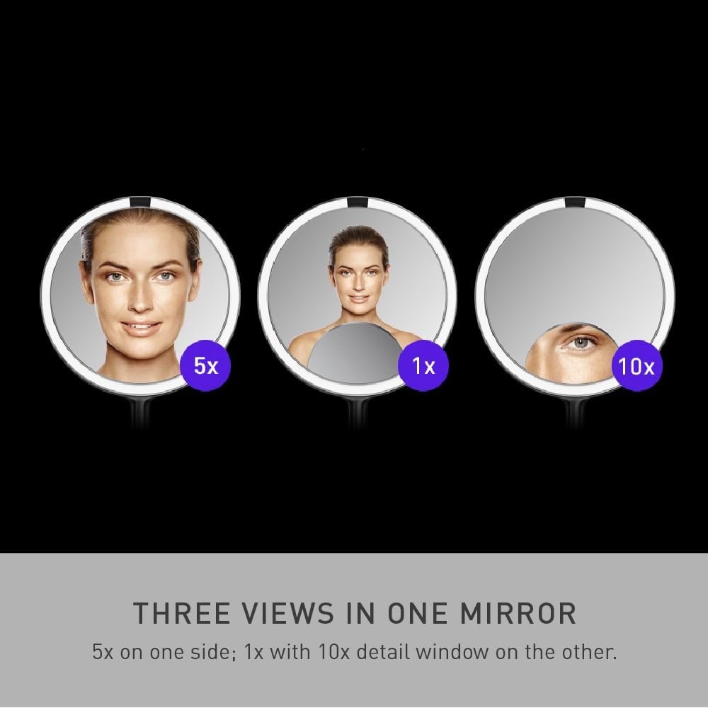 image:imagesimplehuman Sensor Mirror Trio 1X 5X 10X Magnification Round Rechargeable Beauty Makeup Mirror TruLux FullSpectrum Light Dual Light Settings Adjustable Brightness Brushed Stainless SteelBrushed
