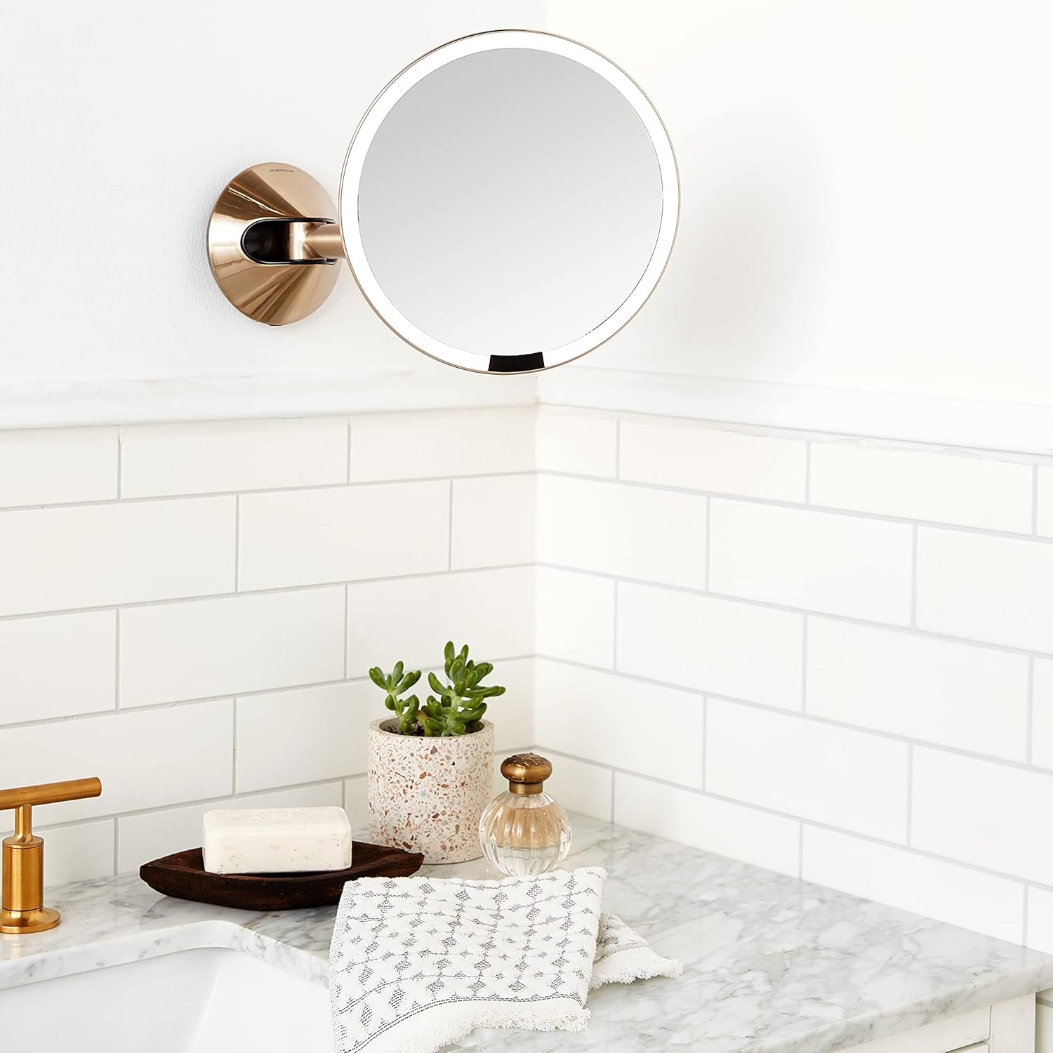 image:imagesimplehuman Sensor Mirror Wall Mount Makeup Mirror with Light 8 Round Lighted with Magnification 5X Hard Wired Swing Arm Brass Stainless SteelBrass