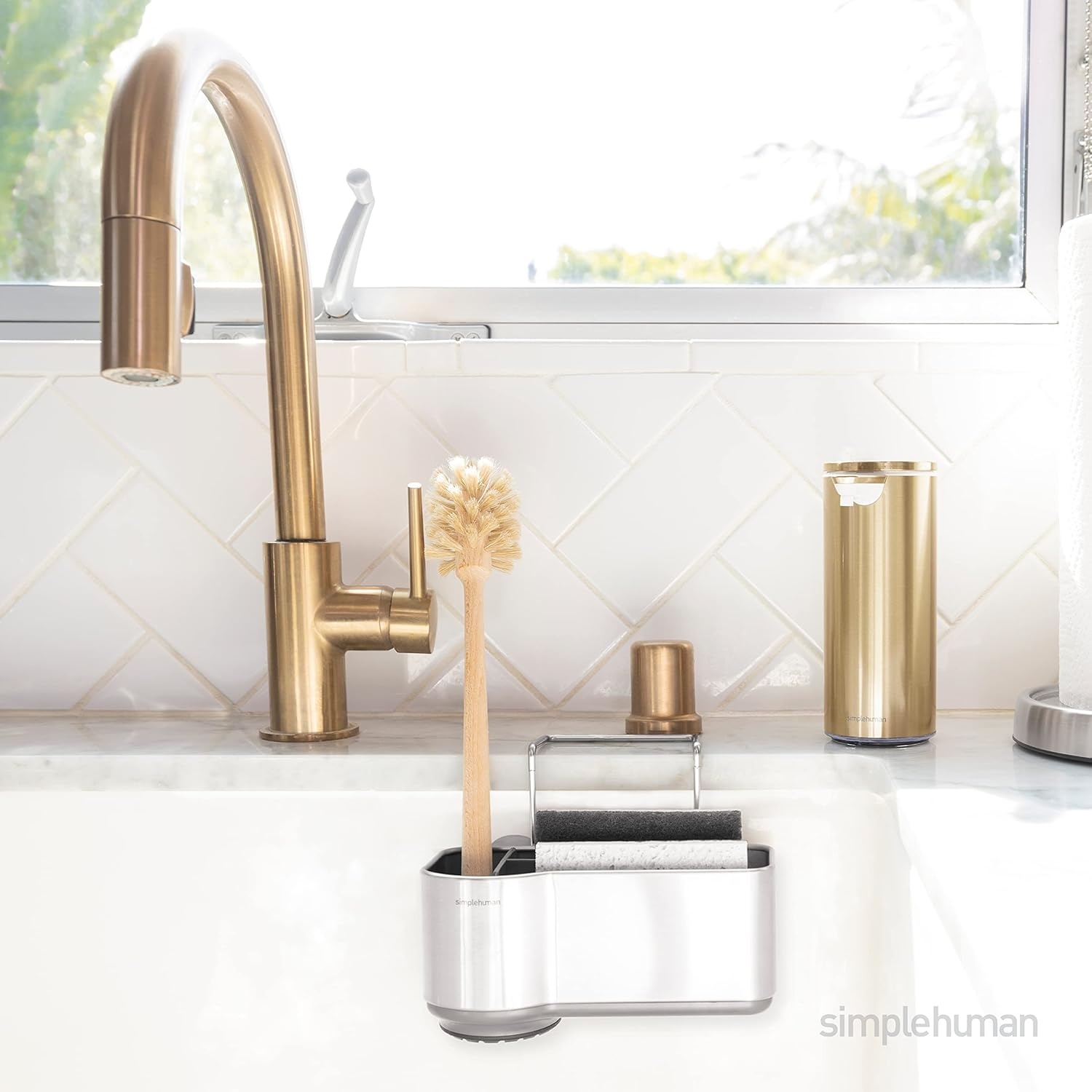 image:imagesimplehuman Sink Caddy Sponge Holder for Kitchen Sink with Compartment Dividers 4 Suction Cups amp Wire Ledge Hanger for Secure Mount Vented Base for Fast Drying Brushed Stainless Steel718 x 4 x 434 h