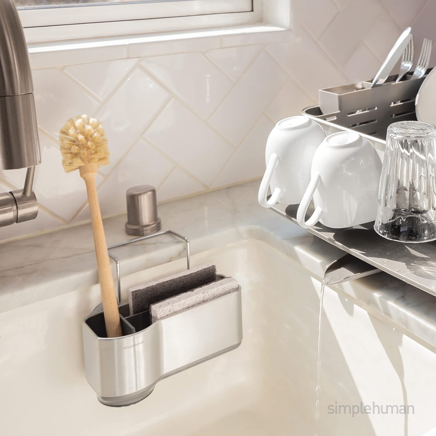 image:imagesimplehuman Sink Caddy Sponge Holder for Kitchen Sink with Compartment Dividers 4 Suction Cups amp Wire Ledge Hanger for Secure Mount Vented Base for Fast Drying Brushed Stainless Steel718 x 4 x 434 h