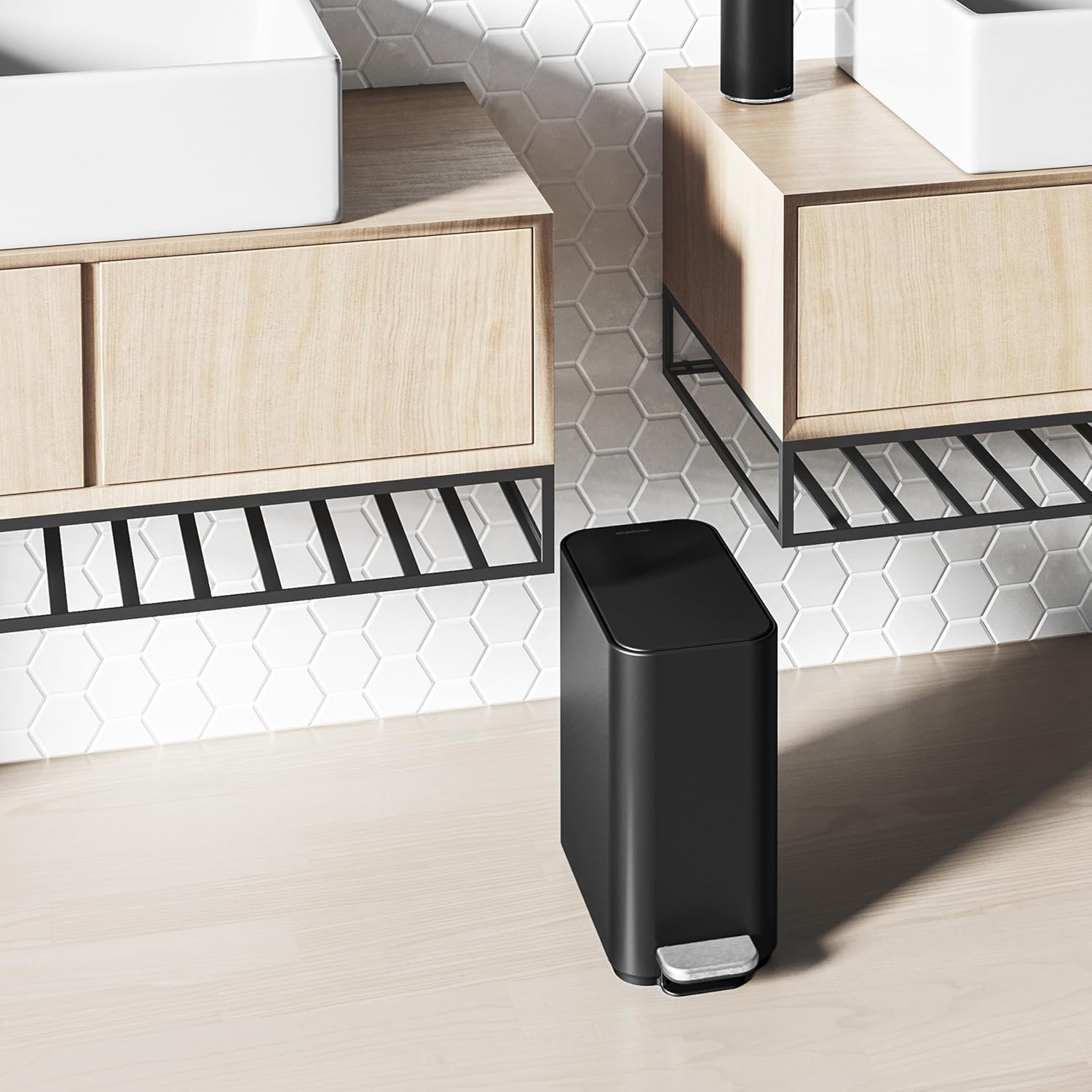 image:imagesimplehuman Slim Step Can 5L 13 Gallon Compact Bathroom Trash Can Liner Pocket Sleek Internal Hinge 150000Step AllSteel Pedal Lid Shox Silent Close Brushed Stainless SteelMatte Black
