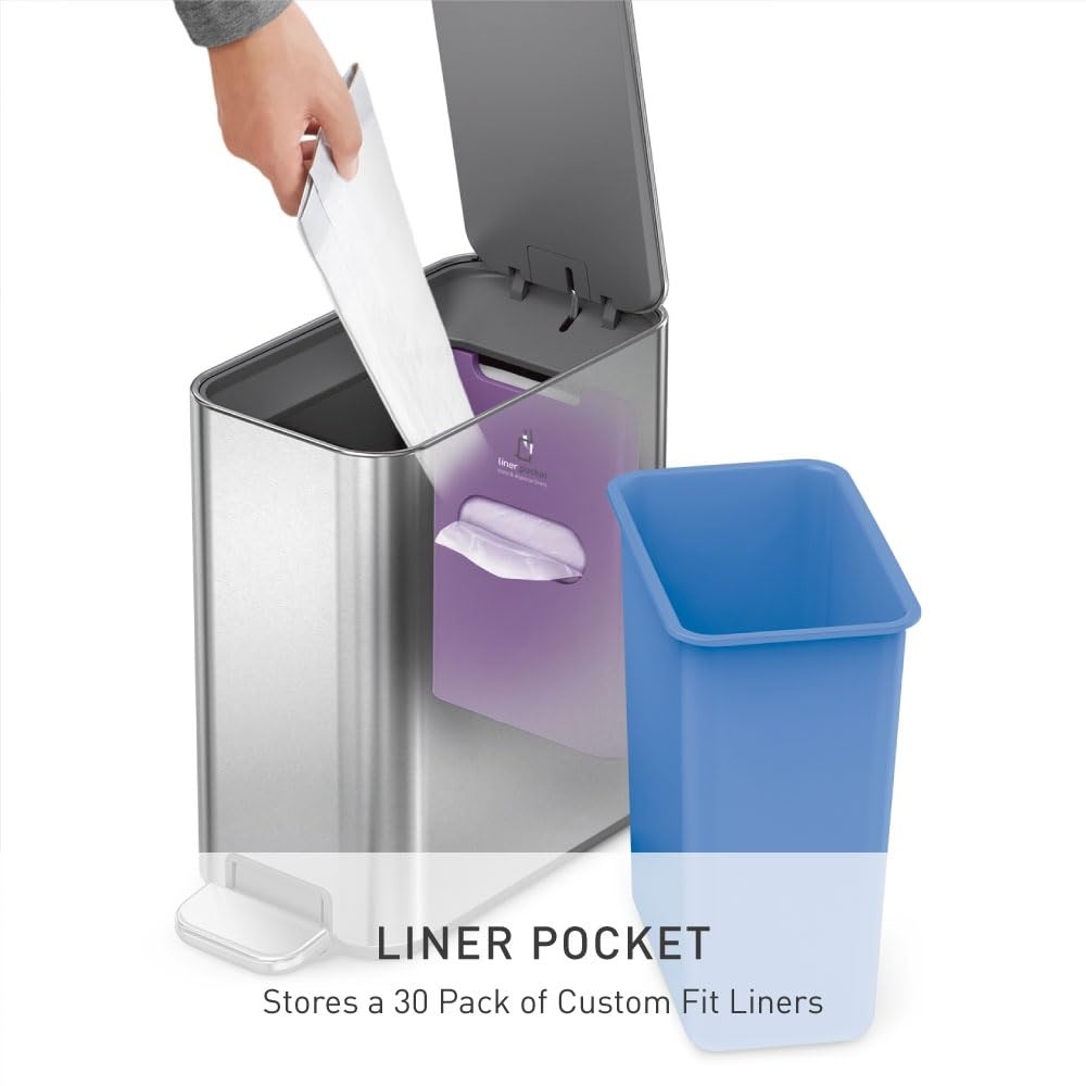image:imagesimplehuman Slim Step Can 5L 13 Gallon Compact Bathroom Trash Can Liner Pocket Sleek Internal Hinge 150000Step AllSteel Pedal Lid Shox Silent Close Brushed Stainless SteelBrushed