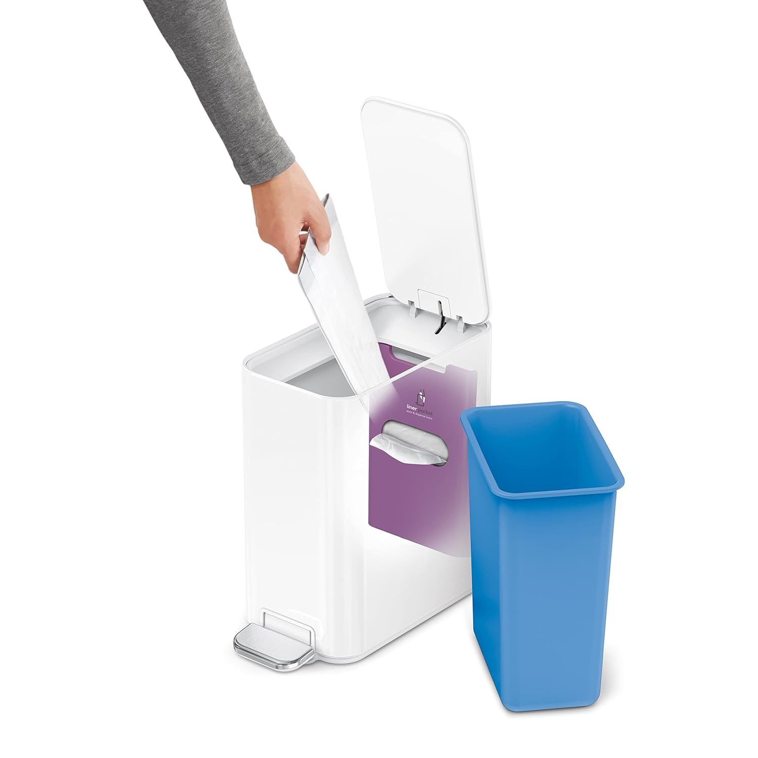 image:imagesimplehuman Slim Step Can 5L 13 Gallon Compact Bathroom Trash Can Liner Pocket Sleek Internal Hinge 150000Step AllSteel Pedal Lid Shox Silent Close Brushed Stainless SteelWhite