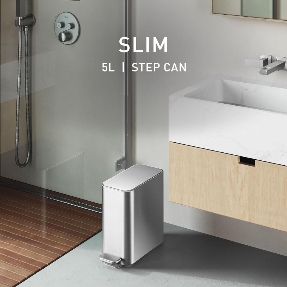 image:imagesimplehuman Slim Step Can 5L 13 Gallon Compact Bathroom Trash Can Liner Pocket Sleek Internal Hinge 150000Step AllSteel Pedal Lid Shox Silent Close Brushed Stainless SteelBrushed