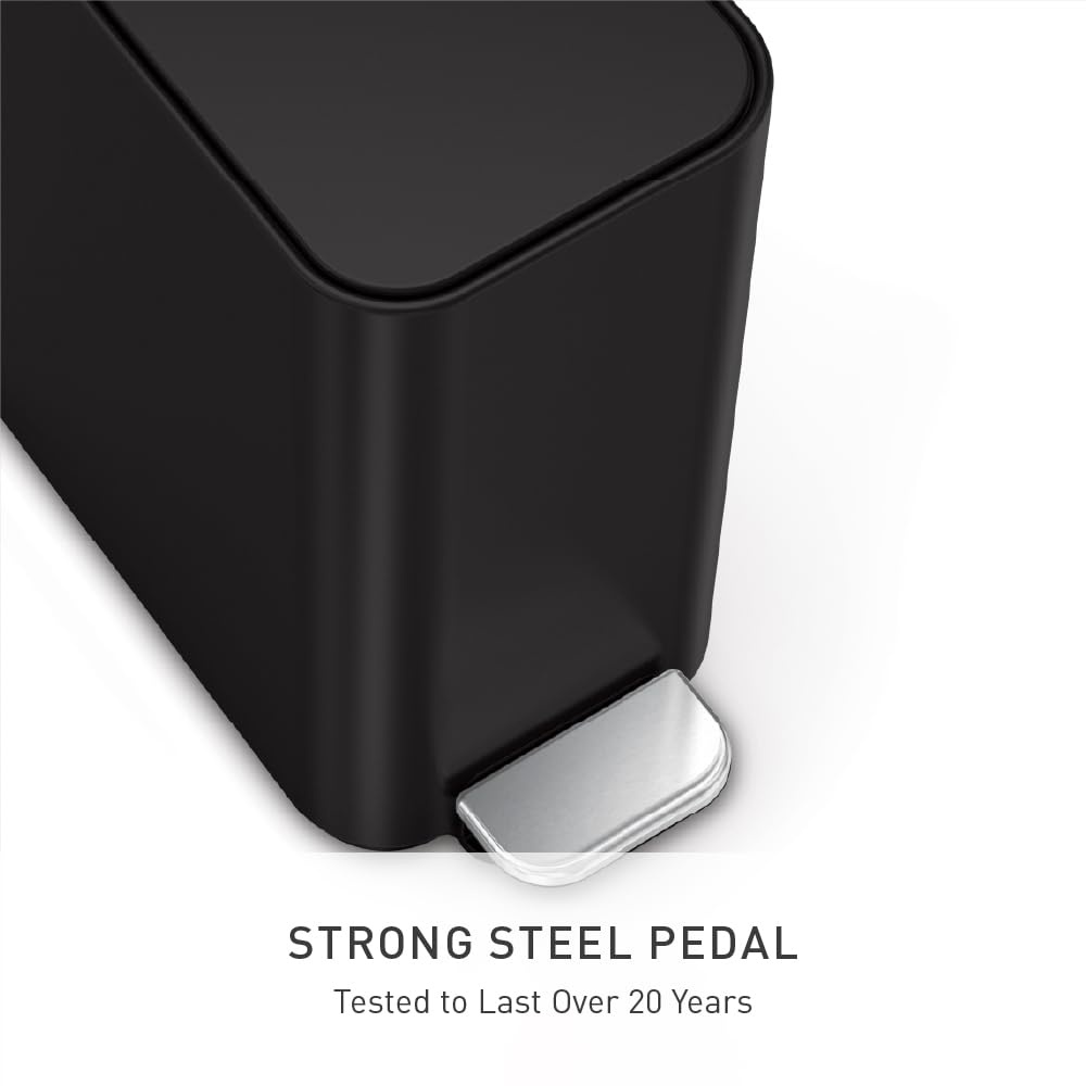 image:imagesimplehuman Slim Step Can 5L 13 Gallon Compact Bathroom Trash Can Liner Pocket Sleek Internal Hinge 150000Step AllSteel Pedal Lid Shox Silent Close Brushed Stainless SteelMatte Black