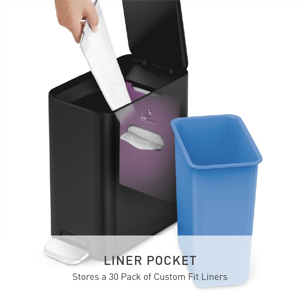 image:imagesimplehuman Slim Step Can 5L 13 Gallon Compact Bathroom Trash Can Liner Pocket Sleek Internal Hinge 150000Step AllSteel Pedal Lid Shox Silent Close Brushed Stainless SteelMatte Black
