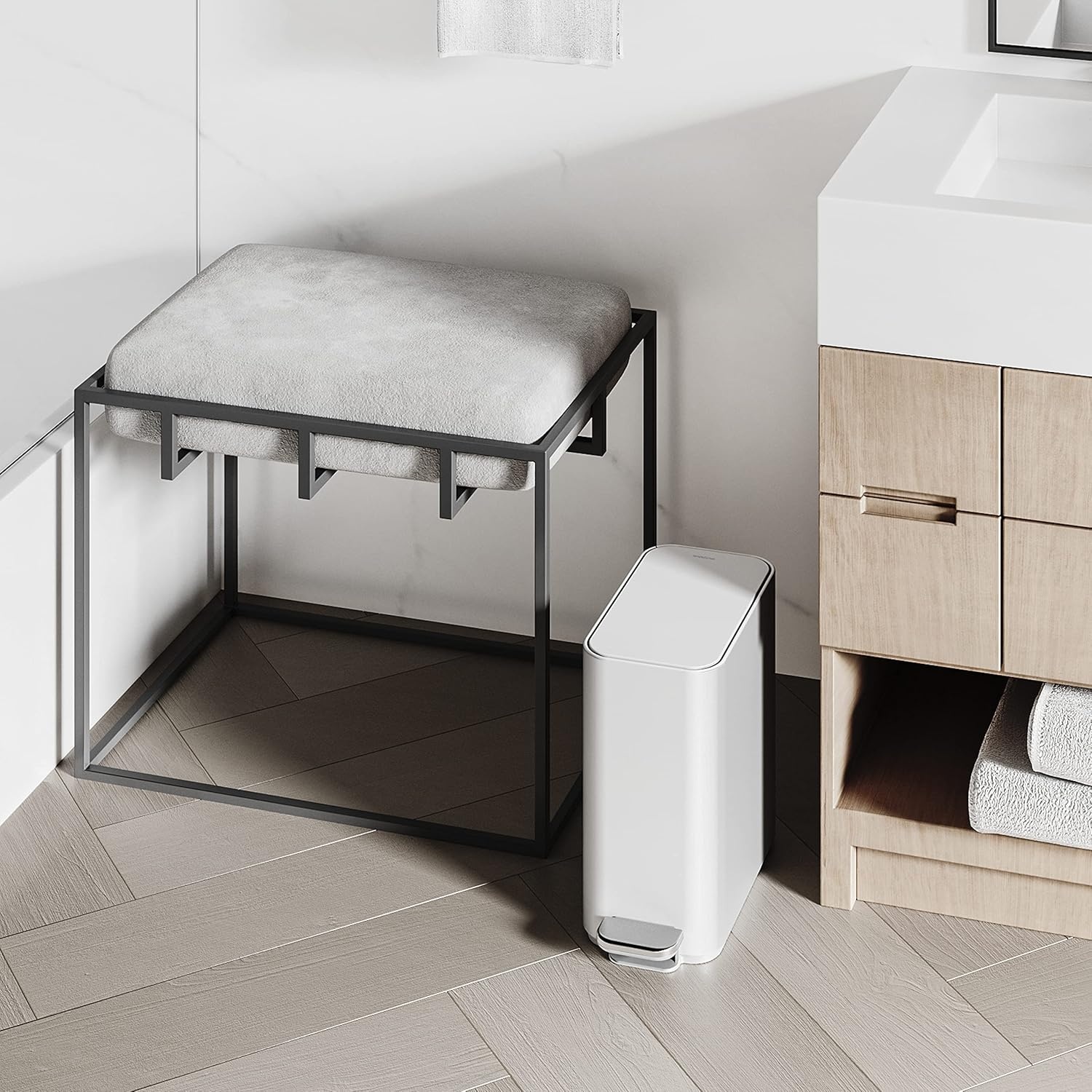 image:imagesimplehuman Slim Step Can 5L 13 Gallon Compact Bathroom Trash Can Liner Pocket Sleek Internal Hinge 150000Step AllSteel Pedal Lid Shox Silent Close Brushed Stainless SteelWhite