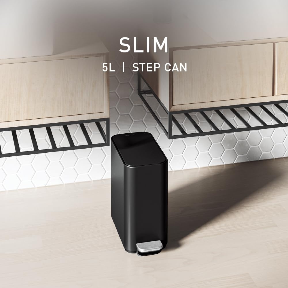 image:imagesimplehuman Slim Step Can 5L 13 Gallon Compact Bathroom Trash Can Liner Pocket Sleek Internal Hinge 150000Step AllSteel Pedal Lid Shox Silent Close Brushed Stainless SteelMatte Black