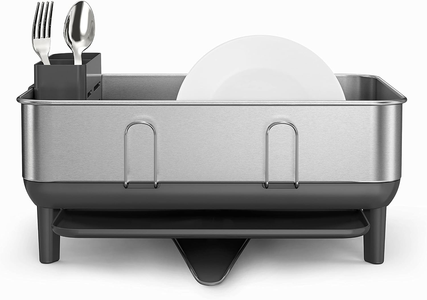 image:imagesimplehuman Steel Frame Dishrack Compact Dish Drying Rack for Small Kitchens 360 Easy Drain Swivel Spout AntiResidue Coating Moisture Control Surface WhiteGray
