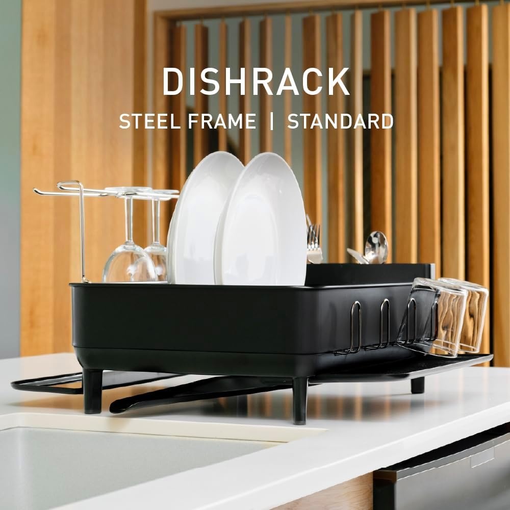 image:imagesimplehuman Steel Frame Dishrack Compact Dish Drying Rack for Small Kitchens 360 Easy Drain Swivel Spout AntiResidue Coating Moisture Control Surface WhiteMatte Black