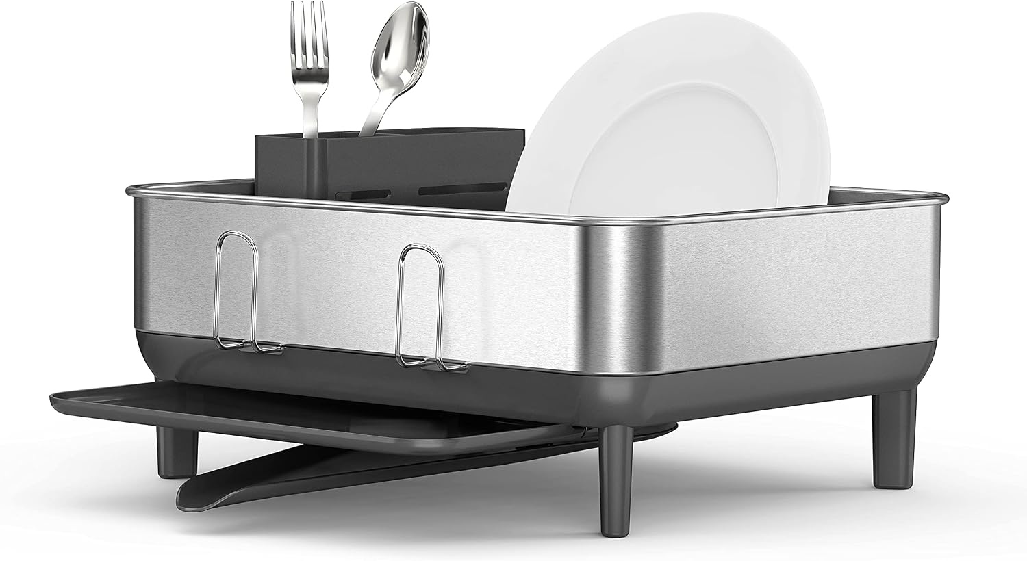 image:imagesimplehuman Steel Frame Dishrack Compact Dish Drying Rack for Small Kitchens 360 Easy Drain Swivel Spout AntiResidue Coating Moisture Control Surface WhiteGray
