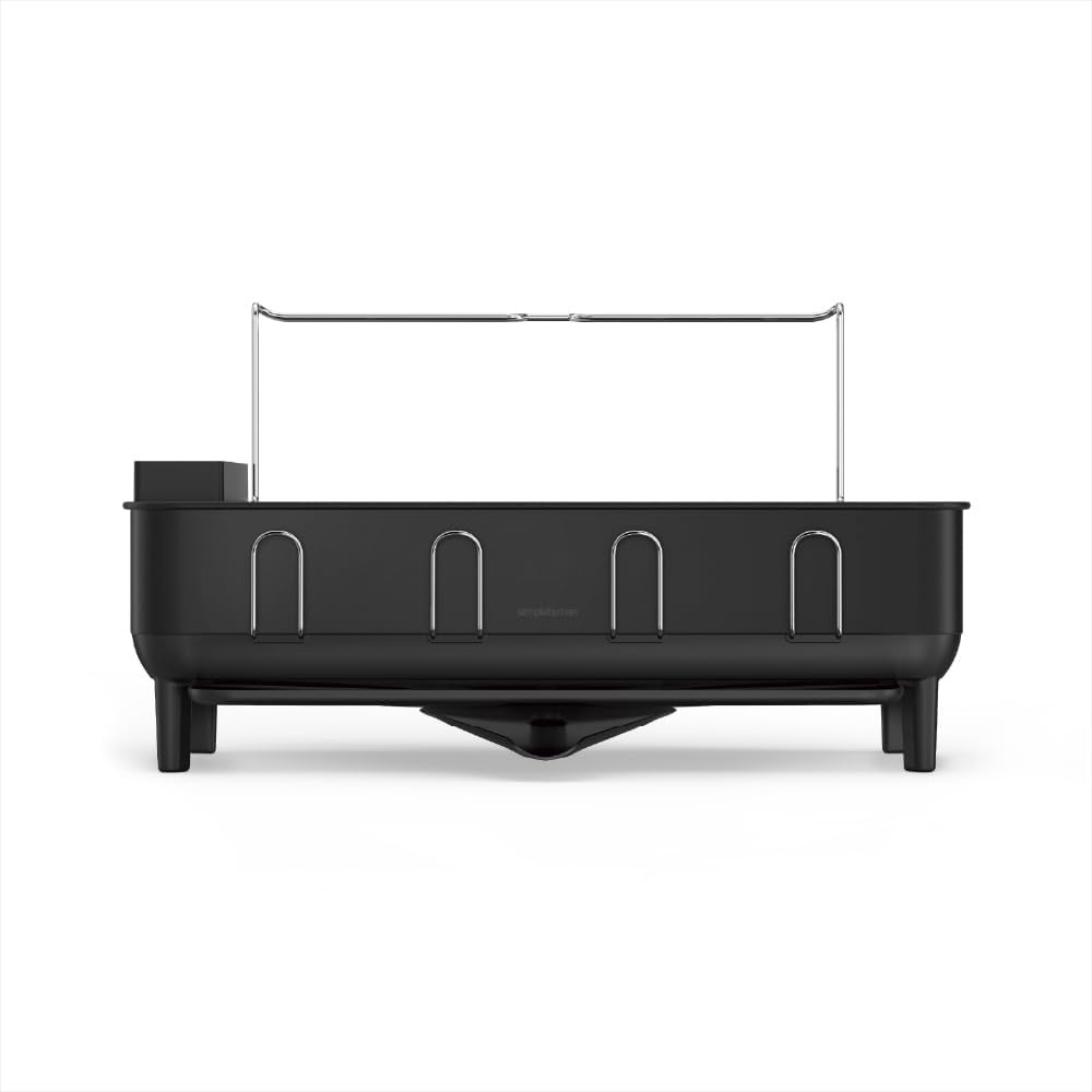 image:imagesimplehuman Steel Frame Dishrack Compact Dish Drying Rack for Small Kitchens 360 Easy Drain Swivel Spout AntiResidue Coating Moisture Control Surface WhiteMatte Black