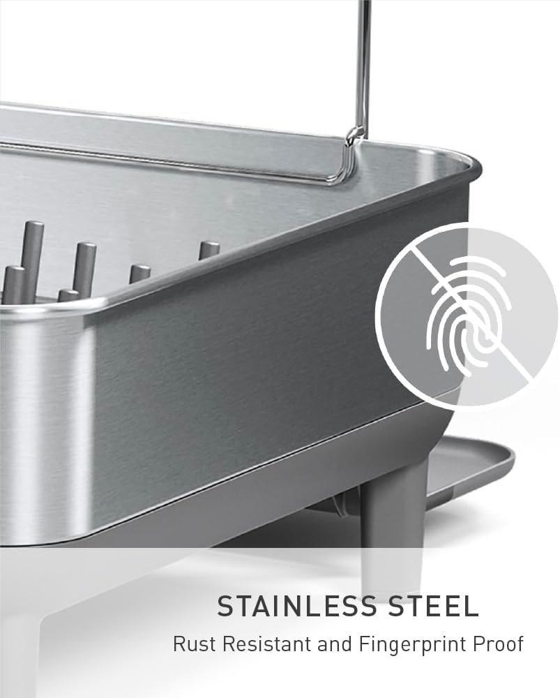 image:imagesimplehuman Steel Frame Dishrack Compact Dish Drying Rack for Small Kitchens 360 Easy Drain Swivel Spout AntiResidue Coating Moisture Control Surface WhiteGray