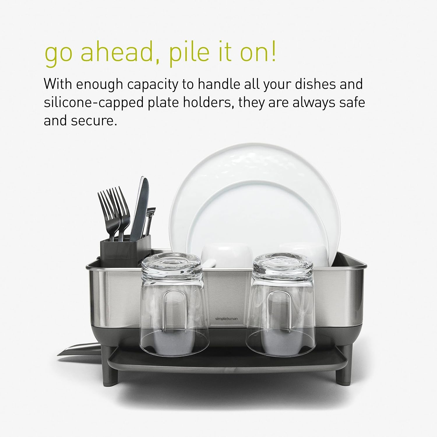 image:imagesimplehuman Steel Frame Dishrack Compact Dish Drying Rack for Small Kitchens 360 Easy Drain Swivel Spout AntiResidue Coating Moisture Control Surface WhiteGray