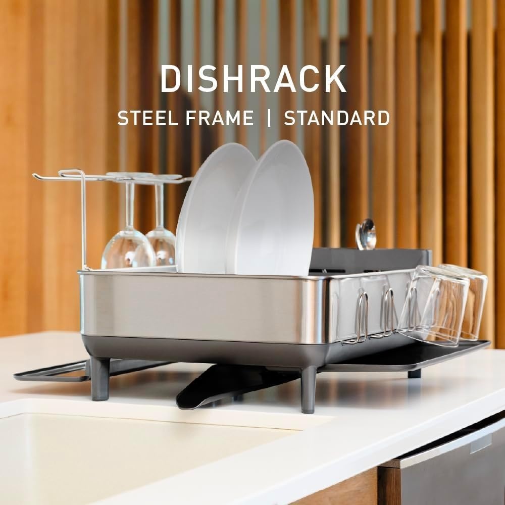 image:imagesimplehuman Steel Frame Dishrack Compact Dish Drying Rack for Small Kitchens 360 Easy Drain Swivel Spout AntiResidue Coating Moisture Control Surface WhiteGray