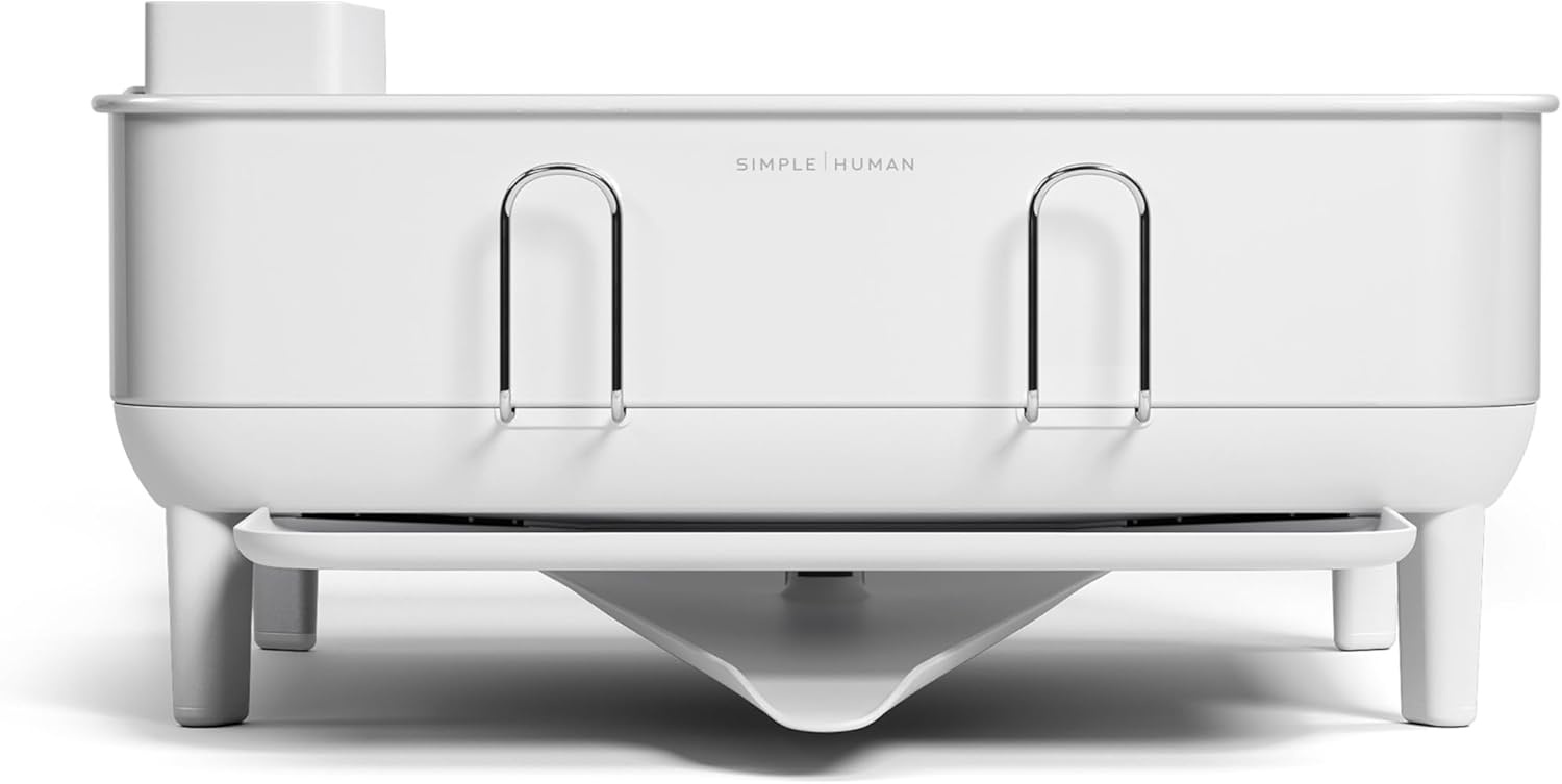 image:imagesimplehuman Steel Frame Dishrack Compact Dish Drying Rack for Small Kitchens 360 Easy Drain Swivel Spout AntiResidue Coating Moisture Control Surface WhiteWhite