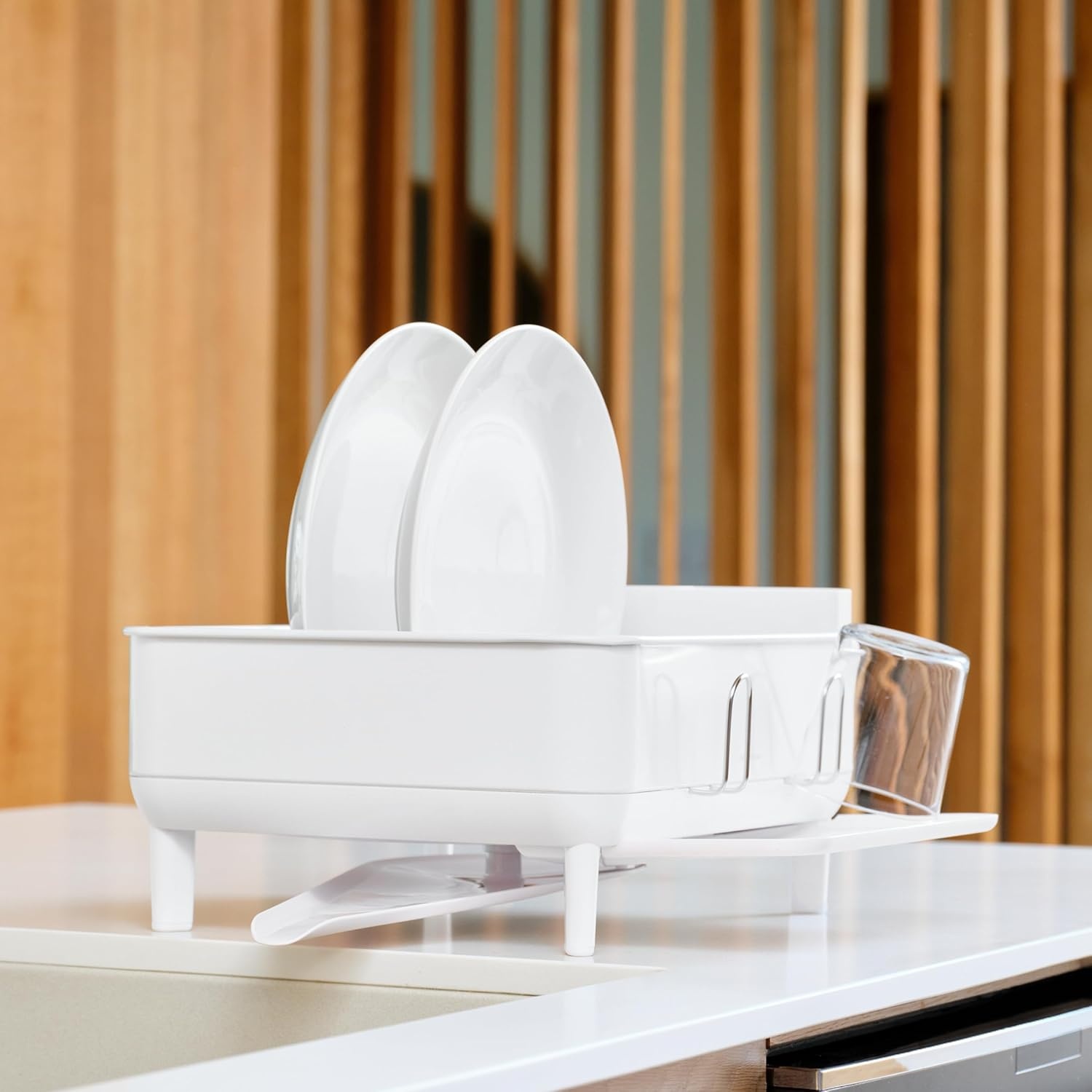 image:imagesimplehuman Steel Frame Dishrack Compact Dish Drying Rack for Small Kitchens 360 Easy Drain Swivel Spout AntiResidue Coating Moisture Control Surface WhiteWhite