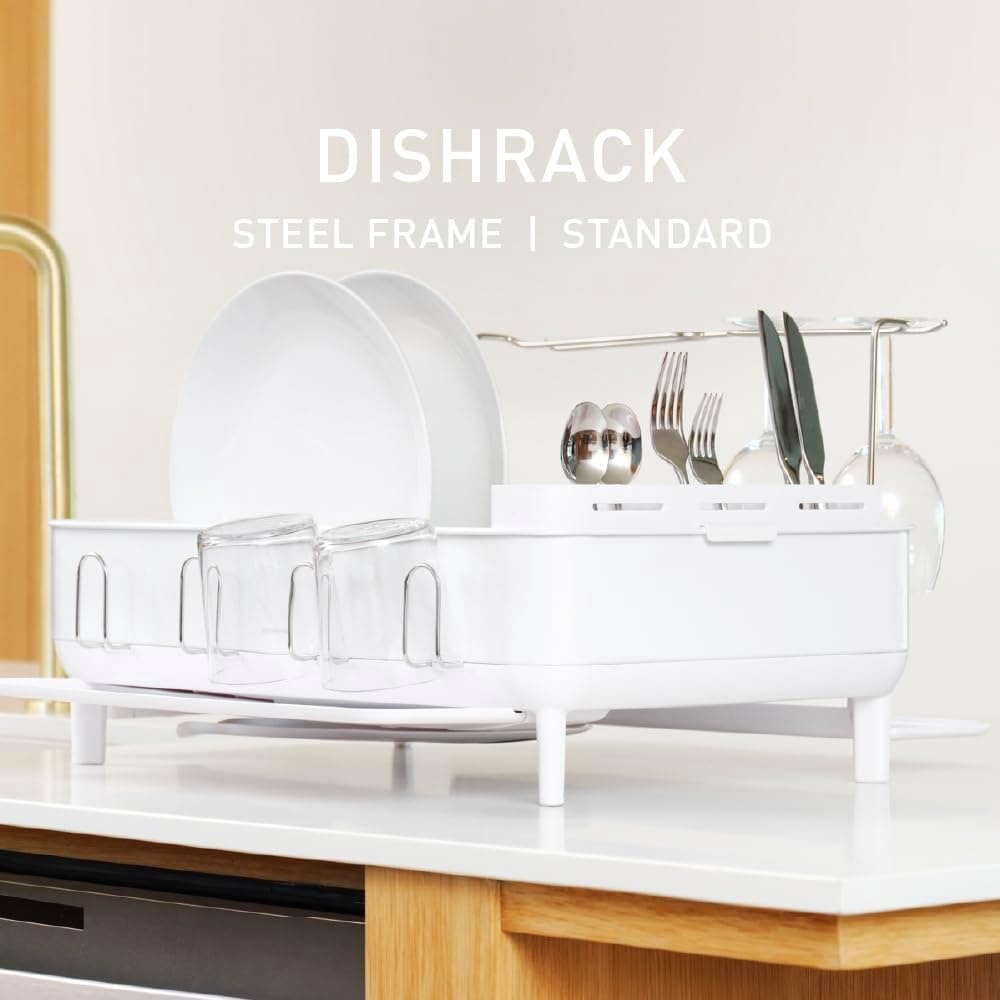 image:imagesimplehuman Steel Frame Dishrack Compact Dish Drying Rack for Small Kitchens 360 Easy Drain Swivel Spout AntiResidue Coating Moisture Control Surface WhiteWhite
