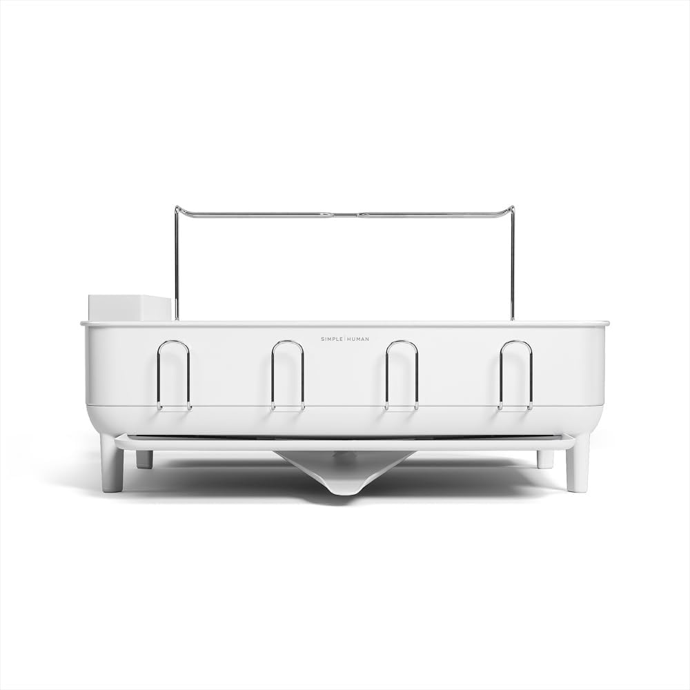 image:imagesimplehuman Steel Frame Dishrack Compact Dish Drying Rack for Small Kitchens 360 Easy Drain Swivel Spout AntiResidue Coating Moisture Control Surface WhiteWhite