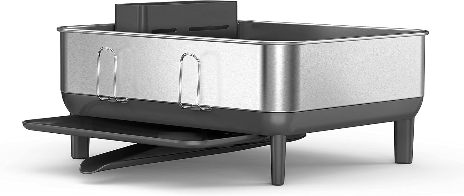 image:imagesimplehuman Steel Frame Dishrack Compact Dish Drying Rack for Small Kitchens 360 Easy Drain Swivel Spout AntiResidue Coating Moisture Control Surface WhiteGray