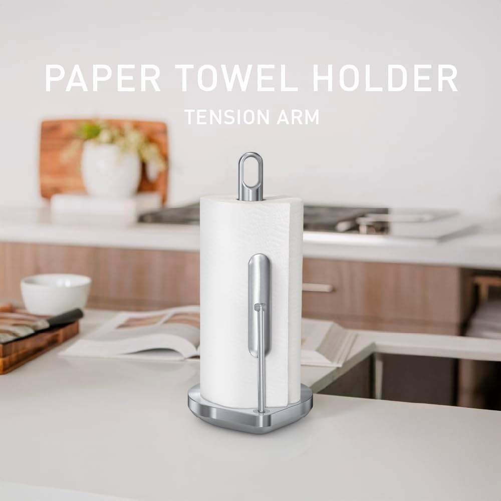 image:imagesimplehuman Tension Arm Countertop Paper Towel Holder Easy OneHanded Tear Standing Weighted Base with Finger Loop Heavy Duty Brushed Stainless Steel