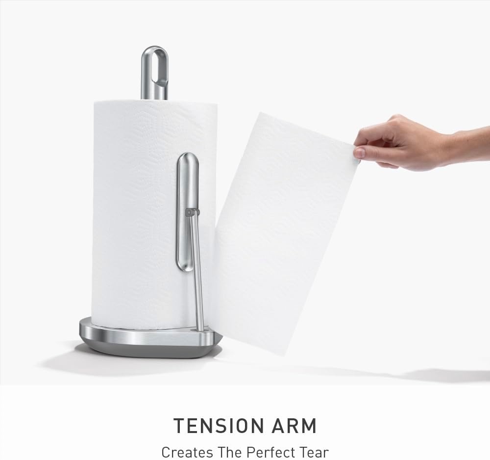 image:imagesimplehuman Tension Arm Countertop Paper Towel Holder Easy OneHanded Tear Standing Weighted Base with Finger Loop Heavy Duty Brushed Stainless Steel