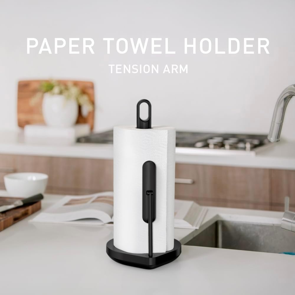 image:imagesimplehuman Tension Arm Countertop Paper Towel Holder Easy OneHanded Tear Standing Weighted Base with Finger Loop Heavy Duty Matte Black SteelBlack Stainless Steel