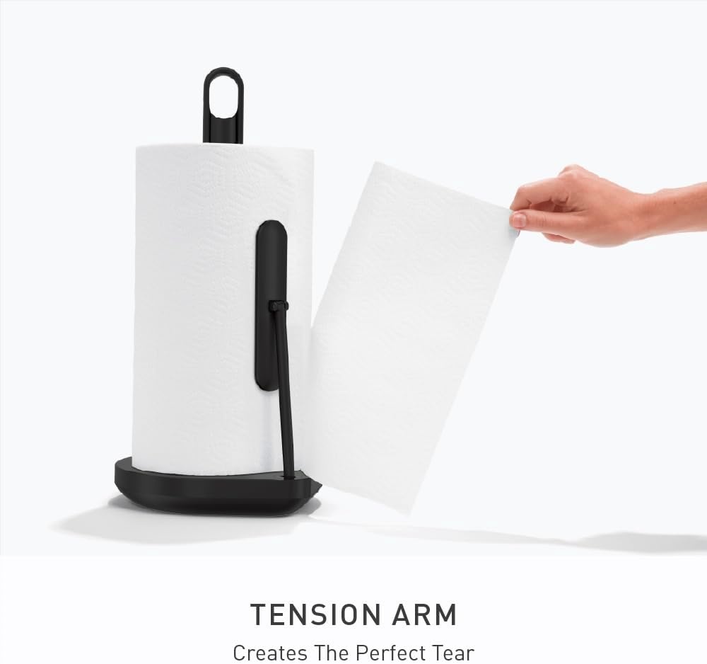 image:imagesimplehuman Tension Arm Countertop Paper Towel Holder Easy OneHanded Tear Standing Weighted Base with Finger Loop Heavy Duty Matte Black SteelBlack Stainless Steel
