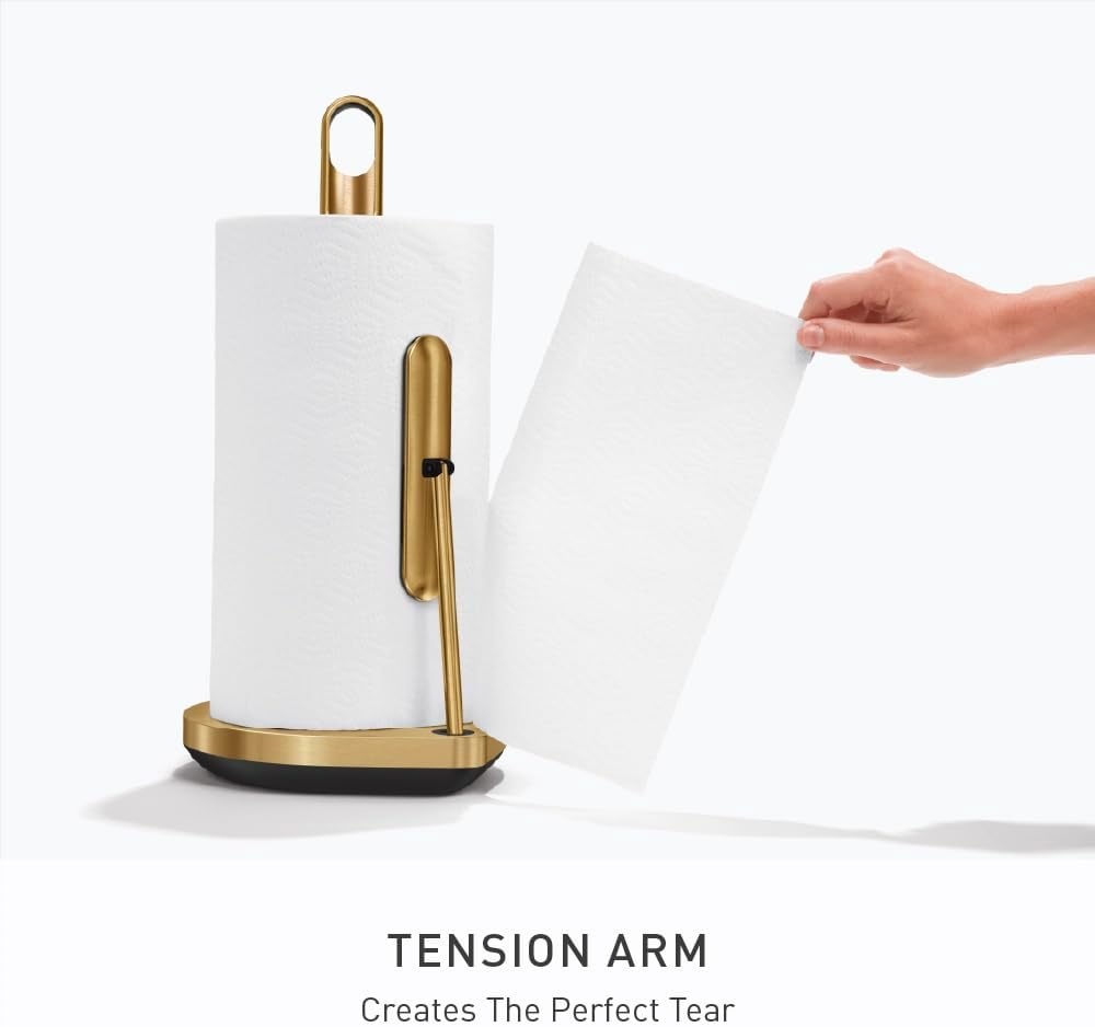 image:imagesimplehuman Tension Arm Countertop Paper Towel Holder Easy OneHanded Tear Standing Weighted Base with Finger Loop Heavy Duty Matte Black SteelBrass Stainless Steel
