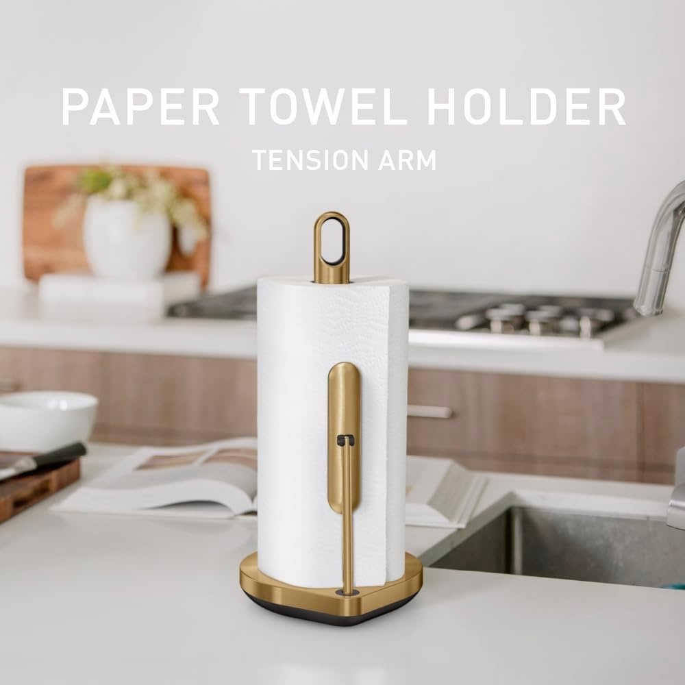 image:imagesimplehuman Tension Arm Countertop Paper Towel Holder Easy OneHanded Tear Standing Weighted Base with Finger Loop Heavy Duty Matte Black SteelBrass Stainless Steel