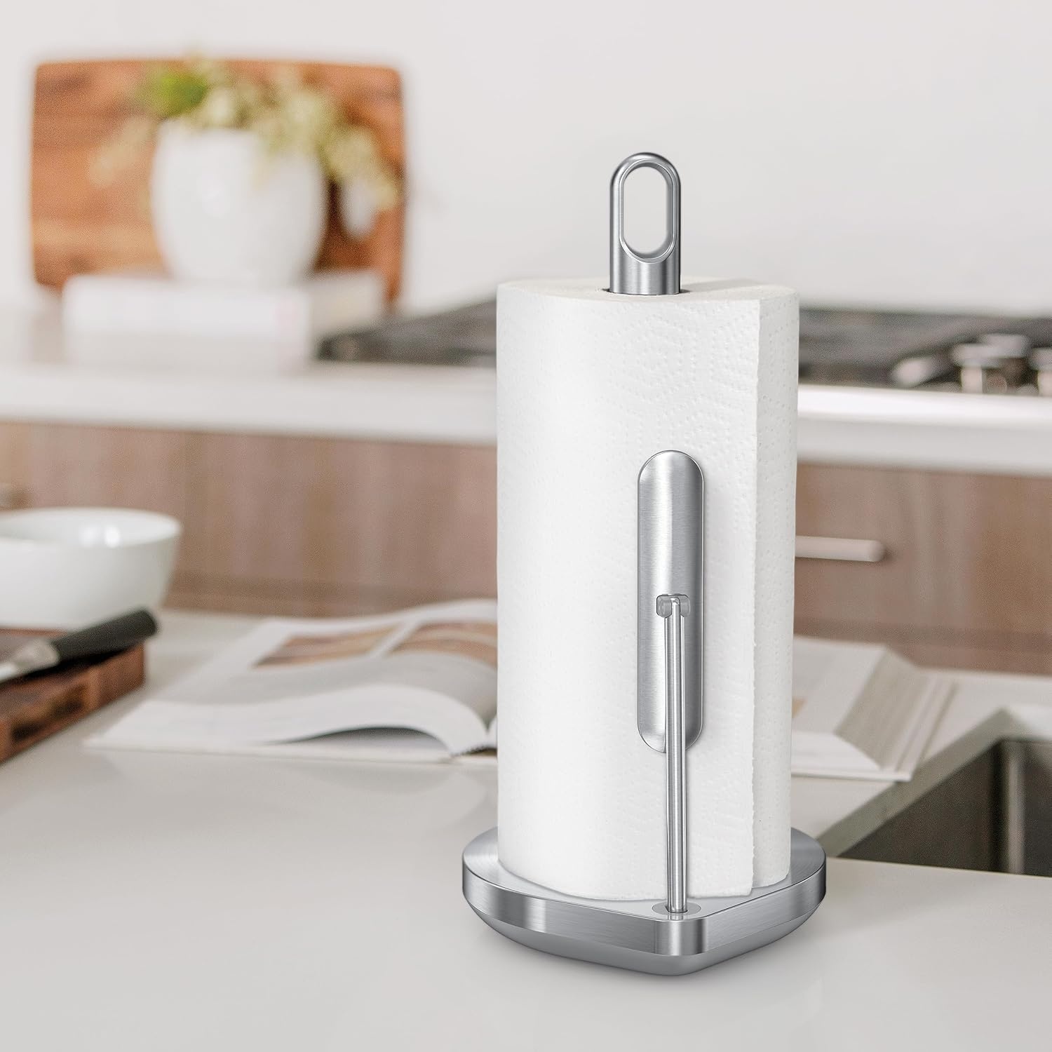 image:imagesimplehuman Tension Arm Countertop Paper Towel Holder Easy OneHanded Tear Standing Weighted Base with Finger Loop Heavy Duty Matte Black SteelBrushed Stainless Steel