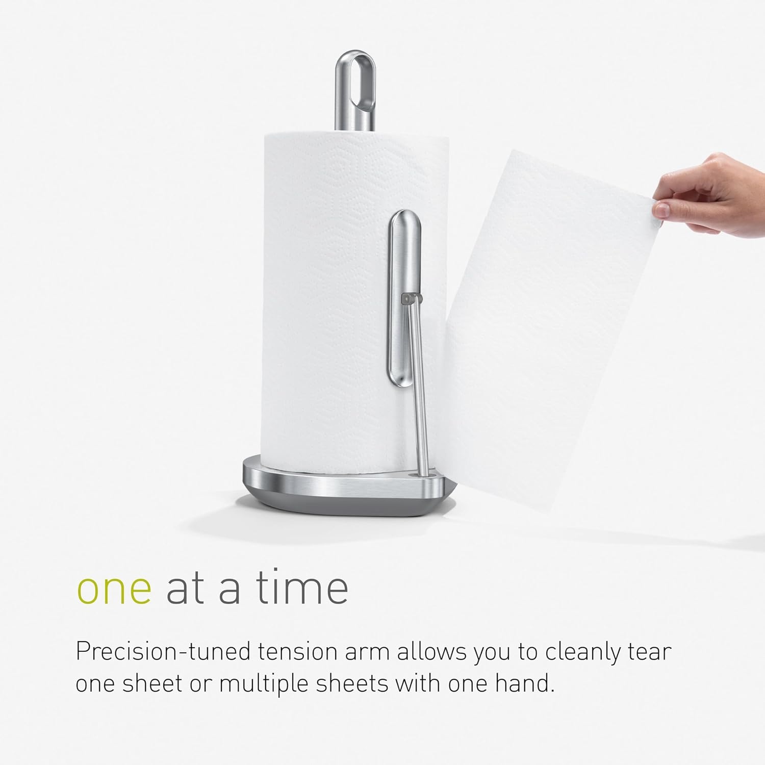 image:imagesimplehuman Tension Arm Countertop Paper Towel Holder Easy OneHanded Tear Standing Weighted Base with Finger Loop Heavy Duty Matte Black SteelBrushed Stainless Steel