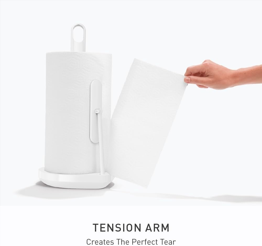 image:imagesimplehuman Tension Arm Countertop Paper Towel Holder Easy OneHanded Tear Standing Weighted Base with Finger Loop Heavy Duty White Steel