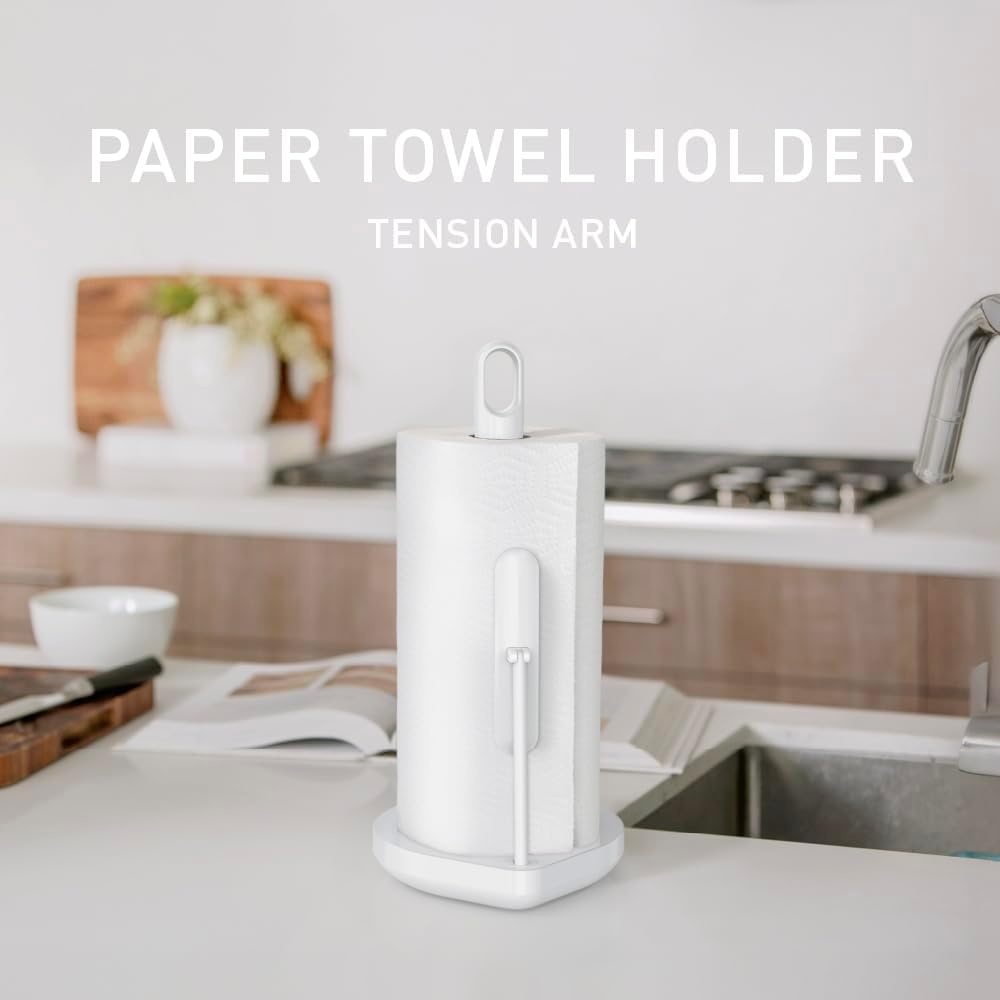 image:imagesimplehuman Tension Arm Countertop Paper Towel Holder Easy OneHanded Tear Standing Weighted Base with Finger Loop Heavy Duty White Steel