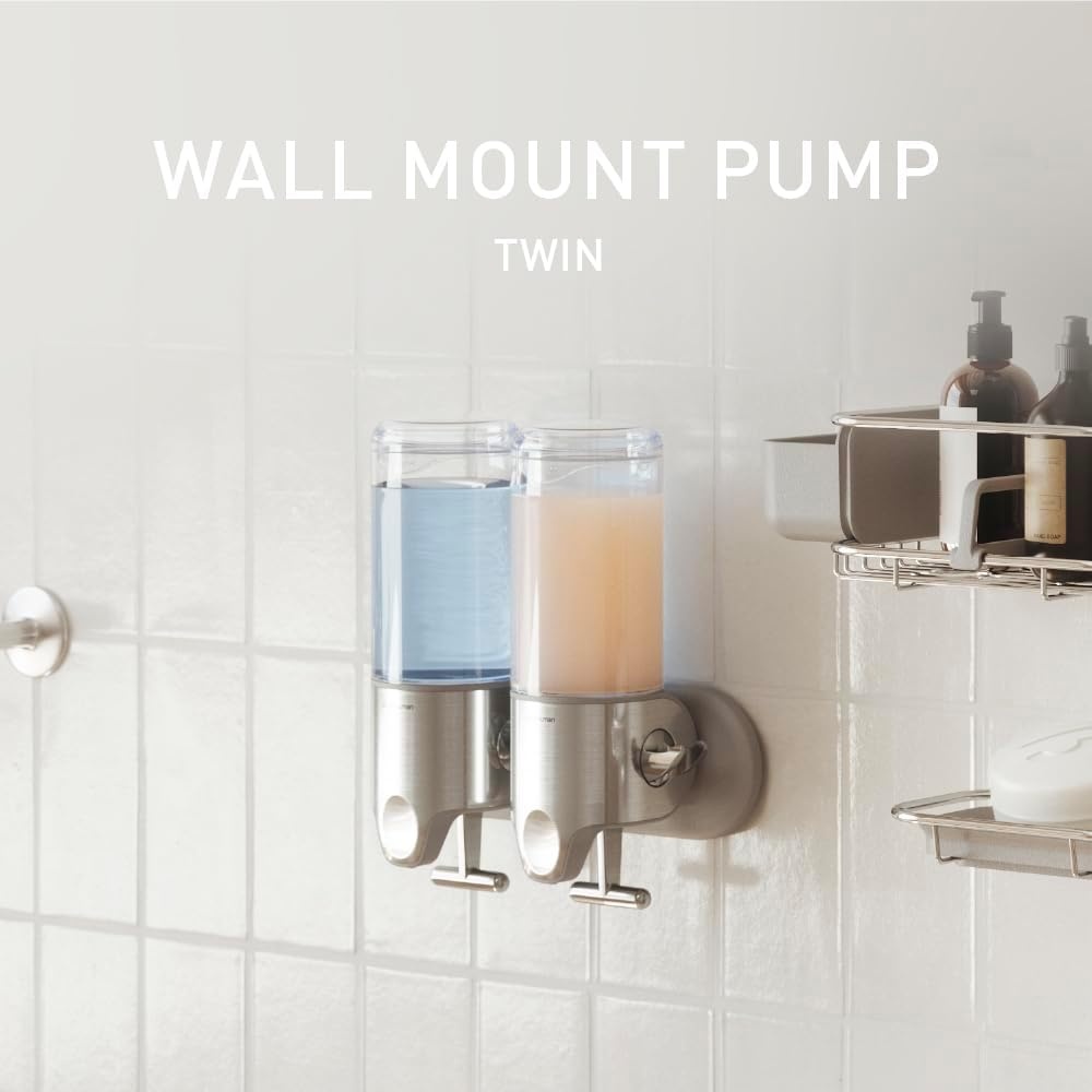 image:imagesimplehuman Triple Wall Mount Pumps HotelGrade Refillable 3Chamber Shampoo Conditioner Body Wash Shower Dispenser TBar Lever NoDrill Install for Bathrooms Hotels and Airbnbs Stainless SteelDouble