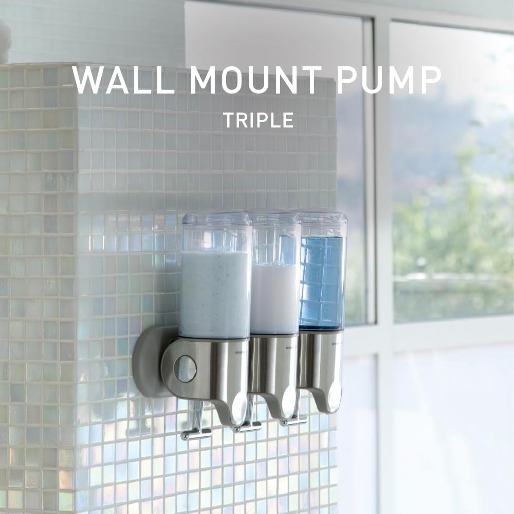 image:imagesimplehuman Triple Wall Mount Pumps HotelGrade Refillable 3Chamber Shampoo Conditioner Body Wash Shower Dispenser TBar Lever NoDrill Install for Bathrooms Hotels and Airbnbs Stainless SteelTriple