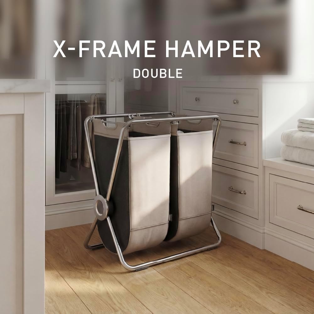 image:imagesimplehuman XFrame Hamper Single Compartment Laundry Hamper for Bedroom Bathroom HeavyGauge Steel Frame Stain amp Odor Resistant Machine Washable Bag Easy Carry Steel Handles WhiteChrome