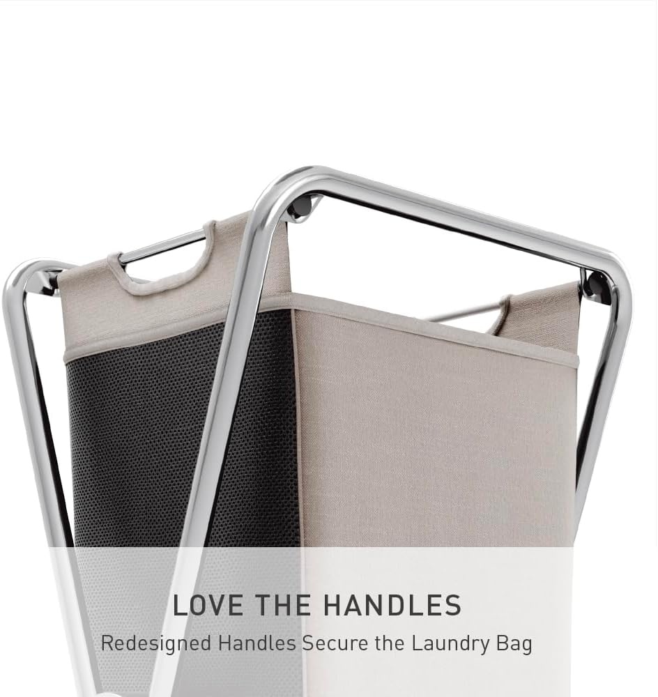 image:imagesimplehuman XFrame Hamper Single Compartment Laundry Hamper for Bedroom Bathroom HeavyGauge Steel Frame Stain amp Odor Resistant Machine Washable Bag Easy Carry Steel Handles WhiteChrome