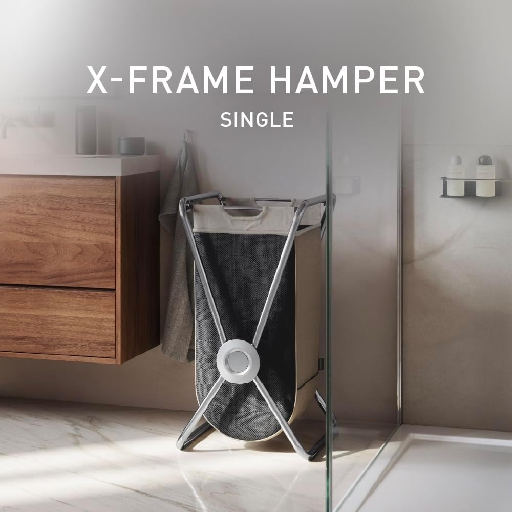 image:imagesimplehuman XFrame Hamper Single Compartment Laundry Hamper for Bedroom Bathroom HeavyGauge Steel Frame Stain amp Odor Resistant Machine Washable Bag Easy Carry Steel Handles WhiteChrome