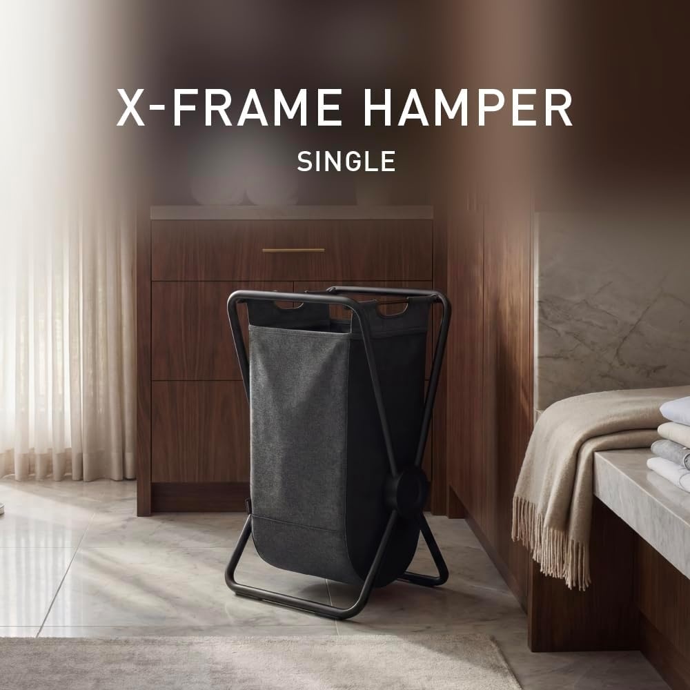 image:imagesimplehuman XFrame Hamper Single Compartment Laundry Hamper for Bedroom Bathroom HeavyGauge Steel Frame Stain amp Odor Resistant Machine Washable Bag Easy Carry Steel Handles WhiteBlack
