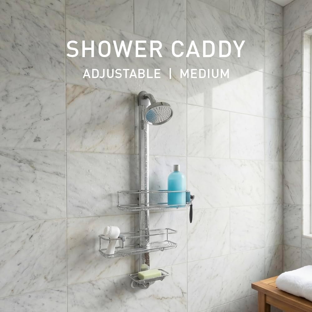 image:imagesimplehuman XLarge Adjustable Hanging Shower Caddy Handheld Showerhead Compatible FamilySize Bathroom Organizer with 12Inch Extended Neck Adjustable Shelves RustProof Stainless SteelMedium