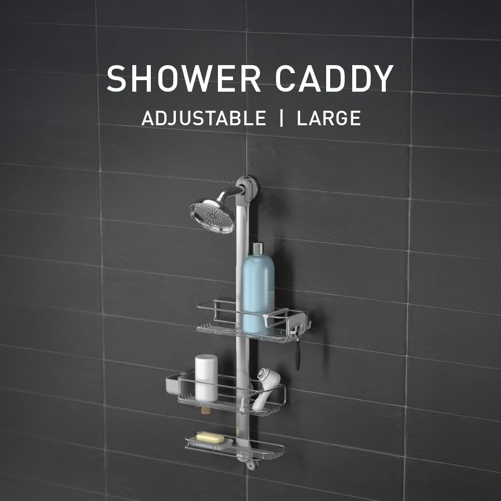 image:imagesimplehuman XLarge Adjustable Hanging Shower Caddy Handheld Showerhead Compatible FamilySize Bathroom Organizer with 12Inch Extended Neck Adjustable Shelves RustProof Stainless SteelLarge