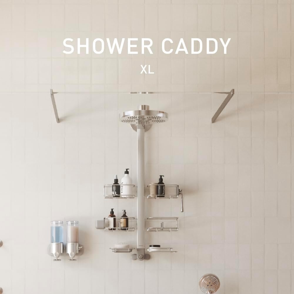 image:imagesimplehuman XLarge Adjustable Hanging Shower Caddy Handheld Showerhead Compatible FamilySize Bathroom Organizer with 12Inch Extended Neck Adjustable Shelves RustProof Stainless SteelExtraLarge