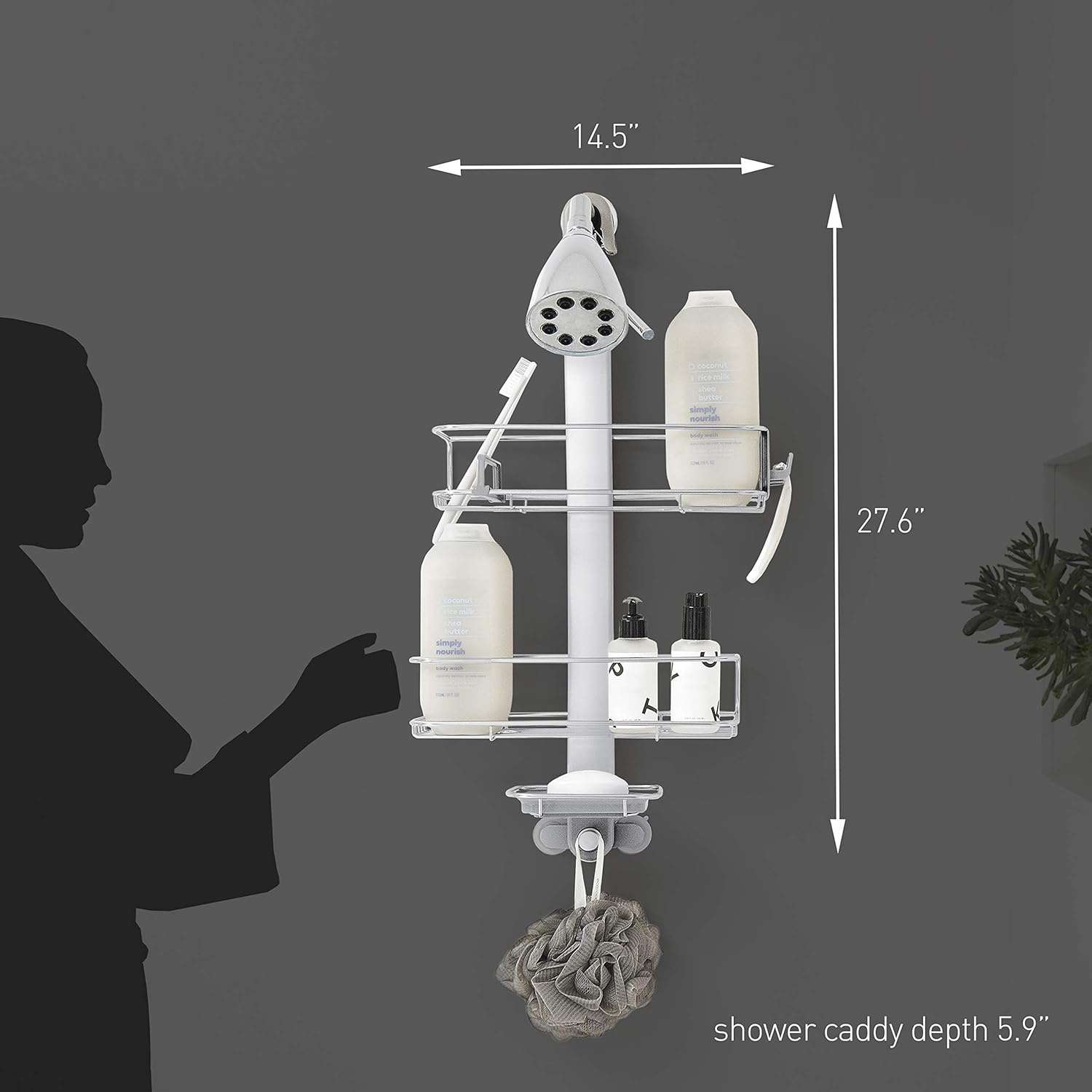 image:imagesimplehuman XLarge Adjustable Hanging Shower Caddy Handheld Showerhead Compatible FamilySize Bathroom Organizer with 12Inch Extended Neck Adjustable Shelves RustProof Stainless SteelMedium