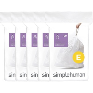 simplehuman Code E 100 Count Custom Fit Liners, Drawstring Kitchen Trash Bags, One-by-One Mess-Free Dispense, Extra Thick & Double Seamed, 50% PCR Plastic, 20 Liter / 5.3 Gallon, White(100 Count (Pack of 1))