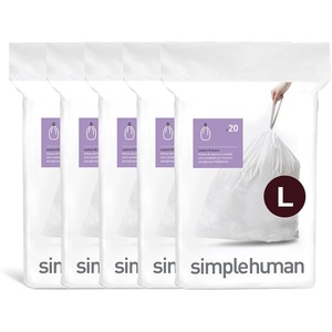 simplehuman Code L 100 Count Custom Fit Liners, Drawstring Kitchen Trash Bags, One-by-One Mess-Free Dispense, Extra Thick & Double Seamed, 50% PCR Plastic, 18 Liter / 4.7 Gallon, White(100 Count (Pack of 1))