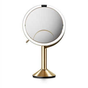 simplehuman Sensor Mirror Trio, 1X 5X 10X Magnification, Round Rechargeable Beauty Makeup Mirror, Tru-Lux® Full-Spectrum Light, Dual Light Settings, Adjustable Brightness, Brushed Stainless Steel(Brass)